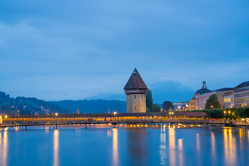 Night view of chapel bridge ,jesuitenkirche in old town are very famous and beautiful  landscape in Luzern Switzerland  