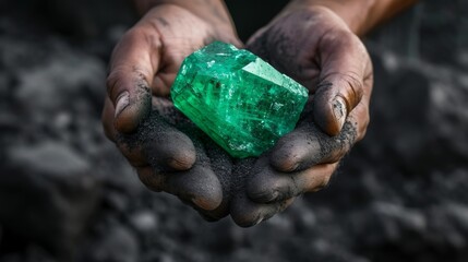man's hands hold an emerald gemstone. mining of precious metals