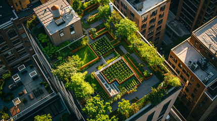 Vibrant rooftop garden thrives amidst concrete jungle, showcasing flourishing ecosystem within bustling city