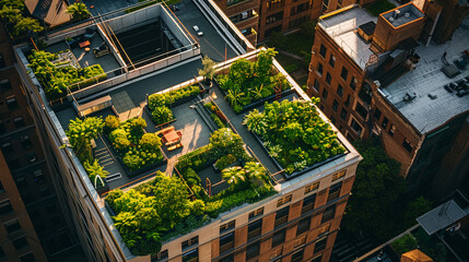Lush green rooftop garden thrives atop city building, offering serene escape from urban sustainable environment