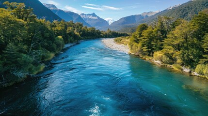 A blue river bordered by trees and mountains has water flowing through it