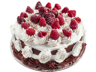 A delicious chocolate cake topped with whipped cream and fresh raspberries.  Perfect for a birthday or special occasion.