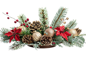 A festive Christmas centerpiece with pine branches, red poinsettias, pine cones, and gold ornaments.