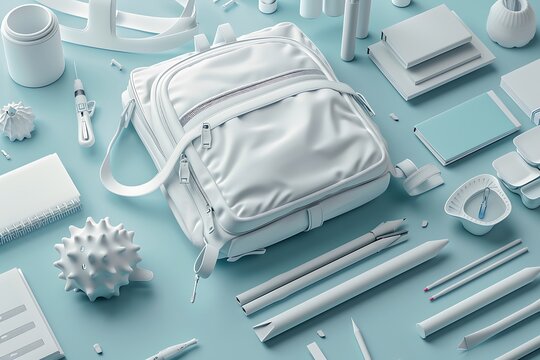 Modern student essentials displayed on a clean table with a 3D white backpack and a variety of school supplies