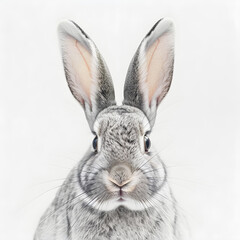 A rabbit with its ears flopped over its face looking goofy isolated on a white background
