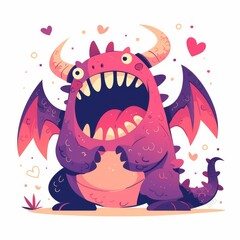 Fototapeta premium Cute Cartoon Dragon with Open Mouth and Pink Wings