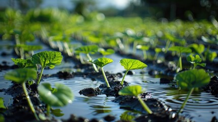 Cucumber seedlings in rice fields on the move