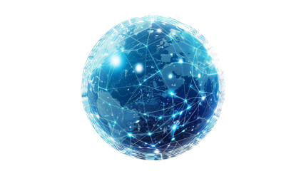 A glowing blue sphere with intricate network lines, representing digital connection and global communication.