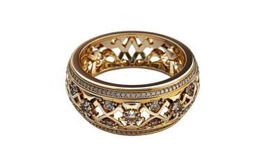 A gold band ring with intricate filigree designs and sparkling diamonds.