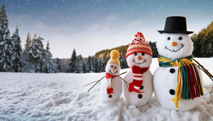 Snowman family of mother, father and child wearing knitted hats and scarves, outdoors in snow and forest, copy space