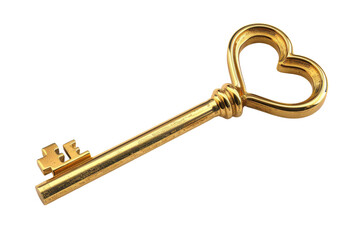 A golden key with a heart-shaped bow.  The key is isolated on a black background.
