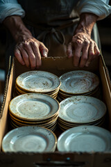 Fototapeta premium the person arranging china dishes in kitchen cabinets