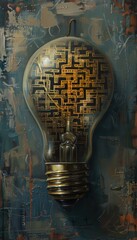 Innovative light bulb concept with intricate maze design inside, blending illumination and complexity on a textured, abstract background.