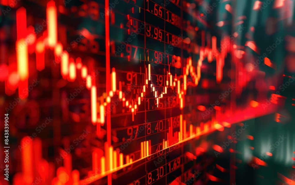 Poster Red stock market graph display with fluctuating trends, showcasing economic data and financial analysis on a futuristic digital screen.