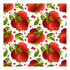 Pattern of a bunch of pomegranate fruits with green leaves. Seamless abstract pattern on a white background. Wrapping paper, packaging, poster, textile, vector illustration