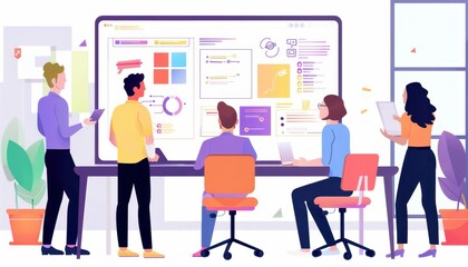 Team collaboration in modern office setting. Diverse professionals analyzing data on digital whiteboard during a brainstorming session.