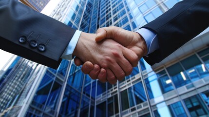 Two business professionals shaking hands with a modern glass building background, symbolizing partnership, agreement, and collaboration.