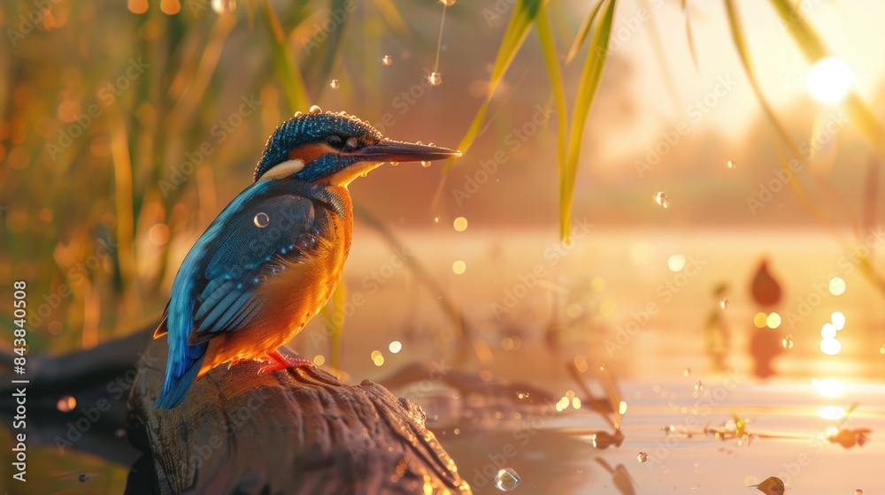 Wall mural an adult female common kingfisher fishing at sunset alcedo atthis