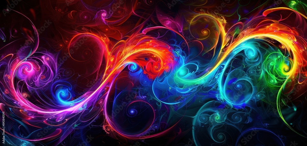 Poster vibrant abstract swirl patterns in colorful neon tones, creating an energetic, dynamic, and artistic