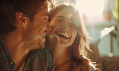 Naklejka premium Happy couple laughing together in a bright room, family at new home, generated ai 