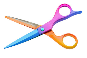 A pair of rainbow colored scissors isolated on a black background.