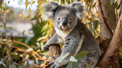 Koala eucalyptus tree, fluffy gray fur large eyes.