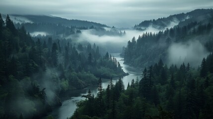 A misty forested valley with a winding river flowing through it. The dense pine trees are shrouded in fog