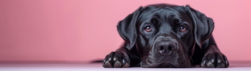 Adorable black Labrador Retriever puppy with sad eyes lying down against a pink background. Perfect for pet lovers and animal-themed designs.
