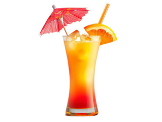 A refreshing summer cocktail with orange and a red umbrella garnish.  Perfect for tropical vibes.