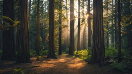 A landscape photo of the natural beauty in the redwood forests of California