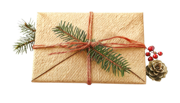 A rustic, brown paper gift package tied with twine and decorated with pine branches, berries, and a pine cone.