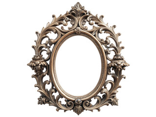 Ornate antique picture frame with intricate floral designs and vintage aesthetic, isolated on transparent background, png.