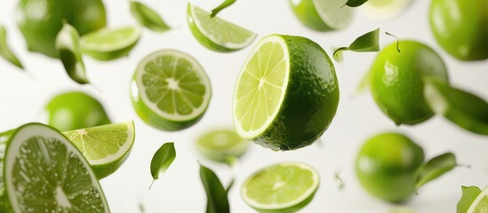 Limes with slices and leaves flying against a white background.