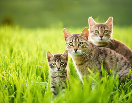 Beautiful cat family inside green sunny grass.