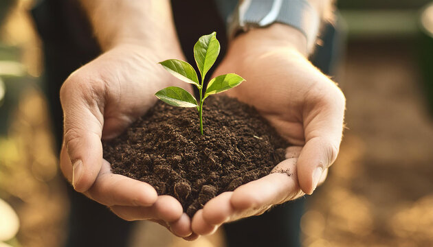 Man holding earth soil with young green plant in his hand closeup shot. Concept of save environment.