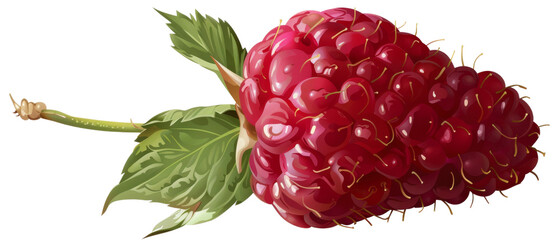 A single, ripe raspberry with green leaves.