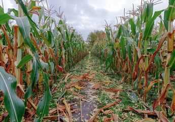 Obraz premium A cornfield destroyed by a pest infestation, with damaged and chewed leaves