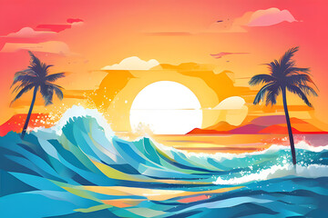 Fototapeta premium Rolling waves crash onto the shore beneath a palm tree, while a seagull soars above the water. Perfect for themes of tropical paradise, summer adventures, and colorful landscapes.
