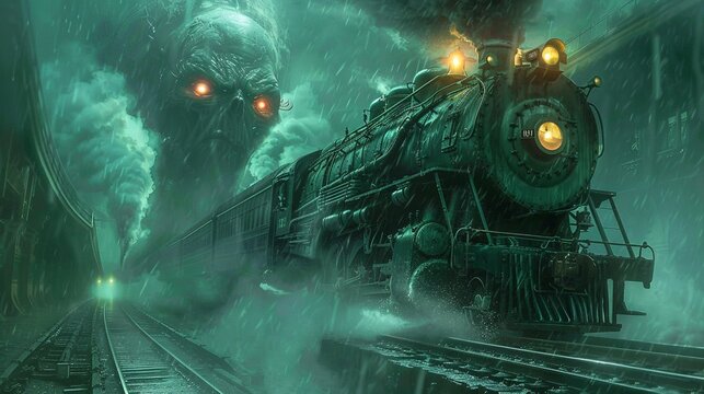 A ghost train that disappears into a portal, transporting passengers to a dimension filled with nightmarish creatures