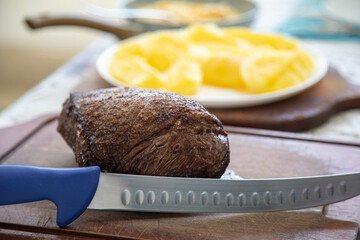 Grassfeed beef known as picanha, roasted and rare, the best meat in the world for barbecue