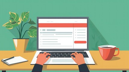 An animated illustration of a job applicant filling out an online application form on a laptop The screen shows various fields and questions related to the job position The setting includes a cozy