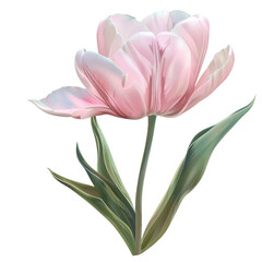 Fototapeta premium A single pink tulip with green leaves, isolated on a black background. The flower is in bloom and has a soft, delicate appearance.