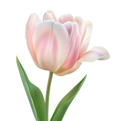 Fototapeta premium A single pink tulip with green leaves isolated on a black background.