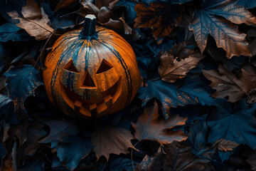 halloween related pumpkin with autumn leaves, halloween season wallpaper