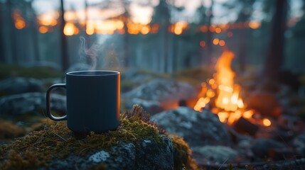 Steaming mug of coffee resting on mossy rock near campfire at sunset in the woods