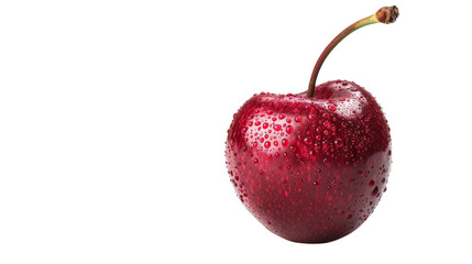 A single, ripe red cherry with a glossy finish and water droplets, isolated on a black background.