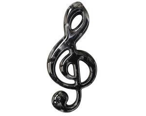 A sleek, black treble clef with a textured surface. The abstract design adds a modern touch to this classic musical symbol.