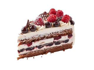 A slice of chocolate cake with whipped cream, cherries, and raspberries.
