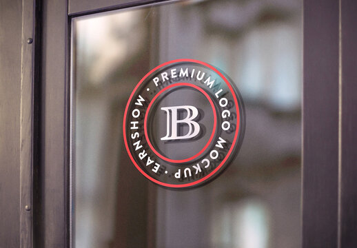 Window Logo Mockup Template Style Effect Wall Badge Sign Signboard Metal Text Brand Logotype Identity