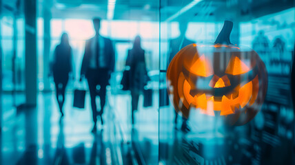 halloween season related , entrepreneurs walk interior of modern blue business background with abstract pumpkin face